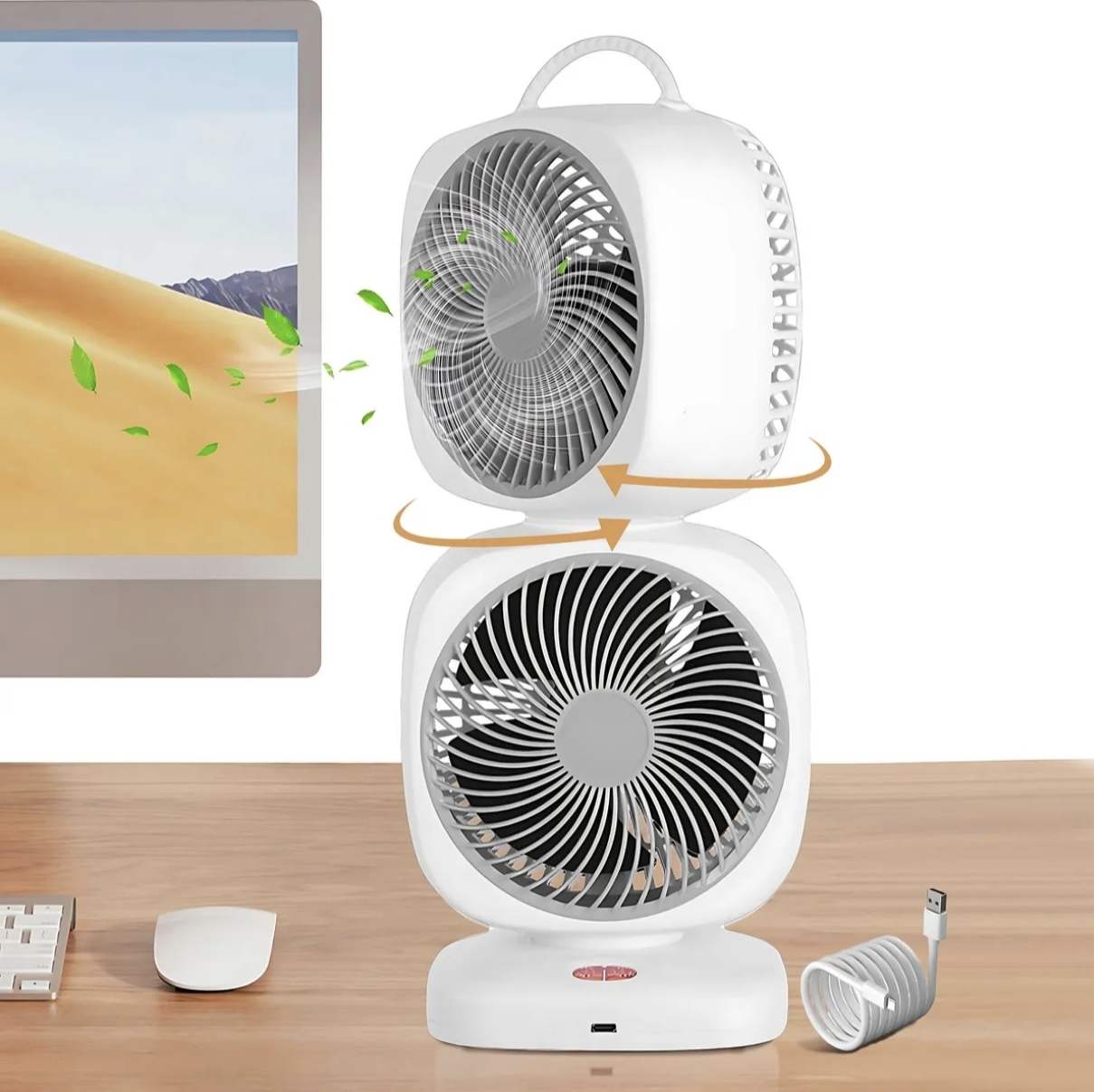 پنکه شارژی دو فن(دوموتوره) سایلنت با قابلیت چرخش 360 درجه
