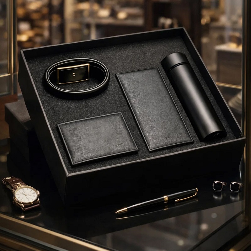 پکیج هدیه سازمانی (فلاسک دماسنج دار  ست کیف و کمربند جعبه لاکچری)